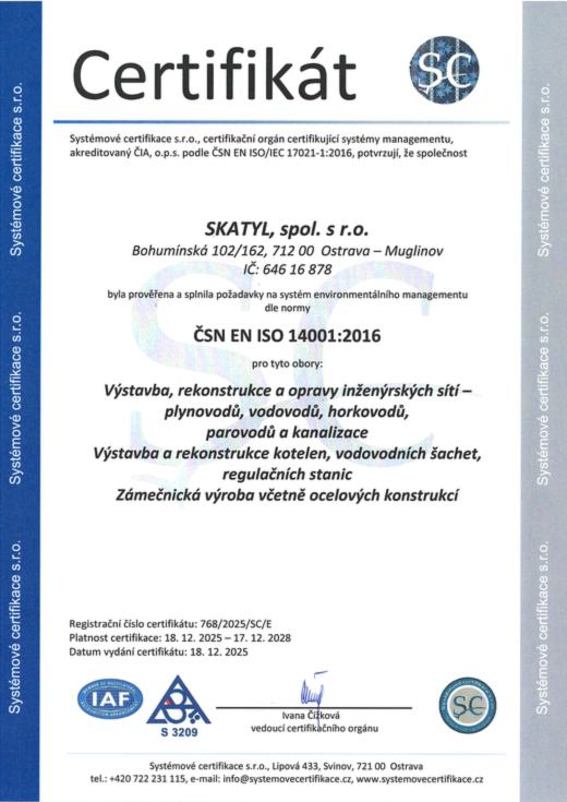 Certifikát ČSN EN ISO 14001:2016 pro environmentální management